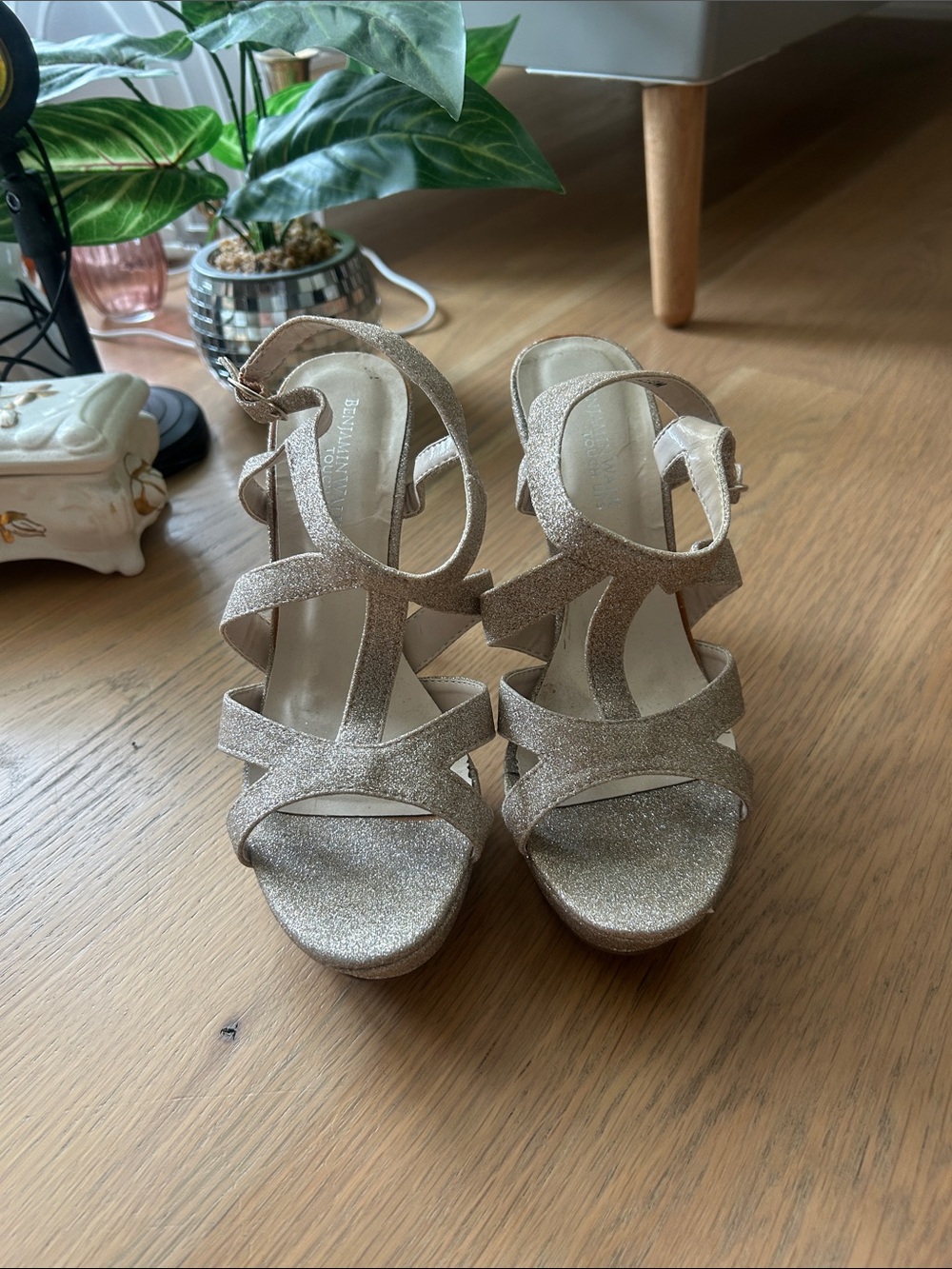 Benjamin Walk Champagne Glitter Strappy Platform Heels
